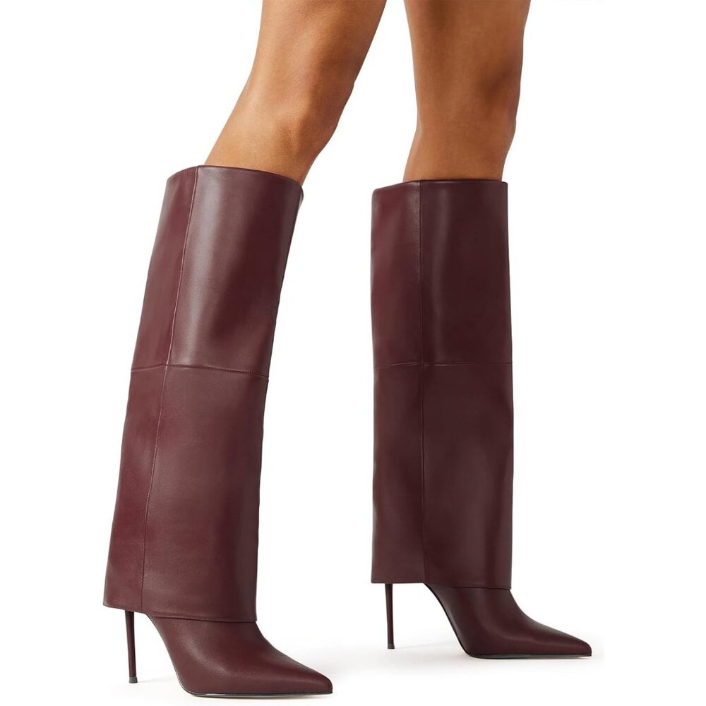 Women’s Fashion Fall Winter Burgundy Fold Over Pointed Toe Knee High Heel Boots - Picture 2 of 9